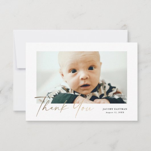 Petite Elegant Gold Script Baby Foto Dankeskarte (Vorderseite)