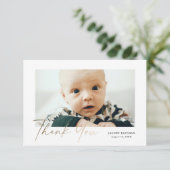 Petite Elegant Gold Script Baby Foto Dankeskarte (Stehend Vorderseite)