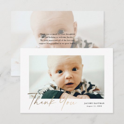 Petite Elegant Gold Script Baby Foto Dankeskarte (Vorne/Hinten)