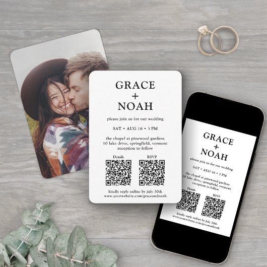 Petite & Minimal All-in-One QR Codes Foto Wedding Einladung