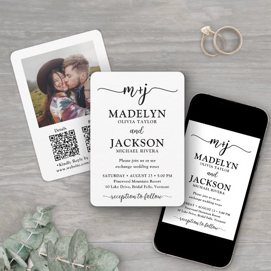 Petite Monogram QR Code All-in-One Foto Wedding Einladung