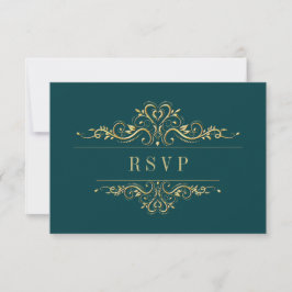 Petrol Green Elegant Golden Frame RSVP Karte