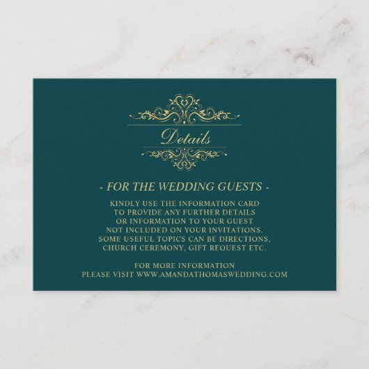 Petrol green Golden Luxus Hochzeitskarte Begleitkarte (Vorderseite)