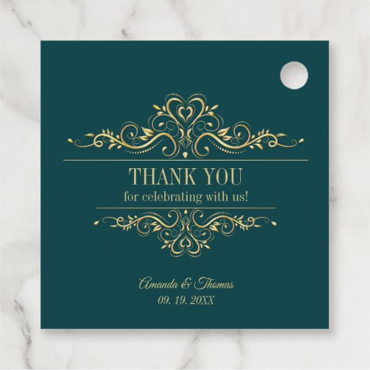 Petrol-grüne, goldene Rahmenhochzeit Geschenkanhänger (Rückseite)