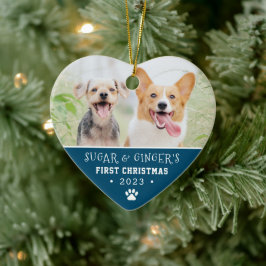 Pet's erste Weihnachtspaw Print Blue Foto Keramik Ornament