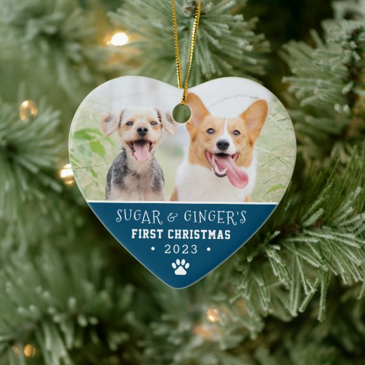 Pet's erste Weihnachtspaw Print Blue Foto Keramik Ornament (Baum)