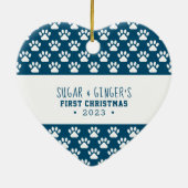 Pet's erste Weihnachtspaw Print Blue Foto Keramik Ornament (Hinten)