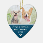 Pet's erste Weihnachtspaw Print Blue Foto Keramik Ornament (Links)