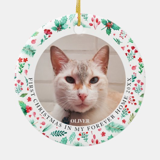 Pet's First Christmas 2 Foto Wasserfarben Streifen Keramik Ornament (Hinten)