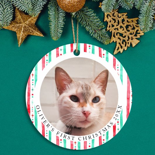 Pet's First Christmas 2 Foto Wasserfarben Streifen Keramik Ornament