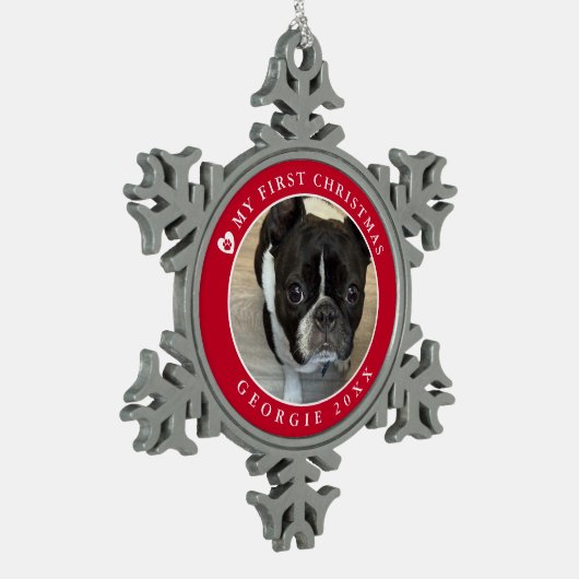 Pet's First Christmas Foto Schneeflocken Zinn-Ornament (Links)