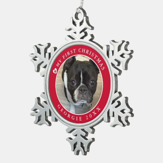 Pet's First Christmas Foto Schneeflocken Zinn-Ornament (Rechts)