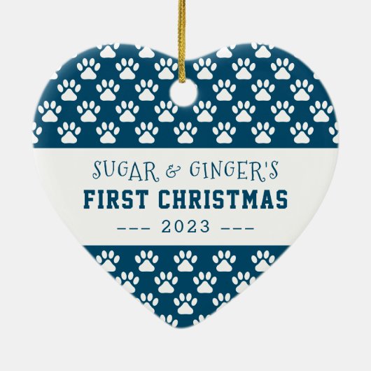 Pet's First Christmas Paws Blue Full Foto Keramik Ornament (Hinten)