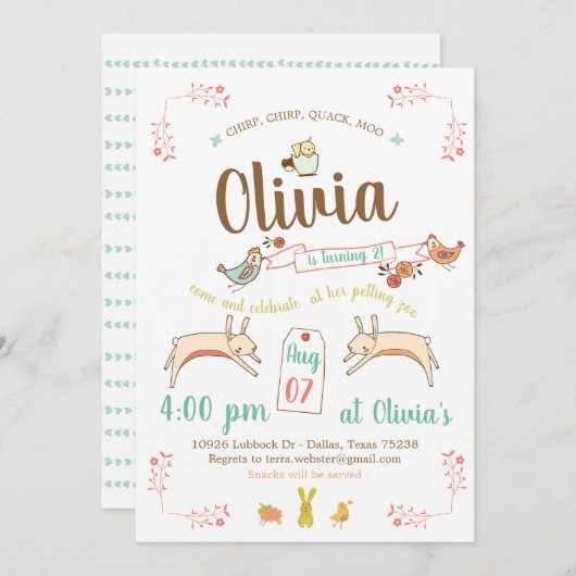 Petting Zoo Geburtstagsparty Einladung (Vorne/Hinten)