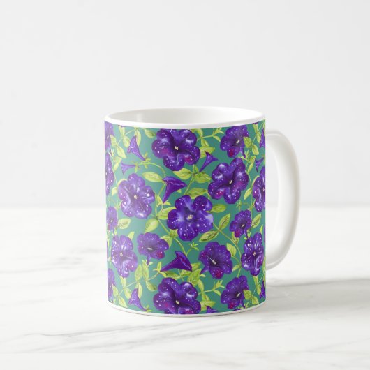Petunia Night Sky auf aquamarinem Hintergrund Thro Kaffeetasse (VorderseiteRechts)