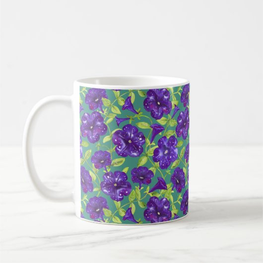Petunia Night Sky auf aquamarinem Hintergrund Thro Kaffeetasse (Links)