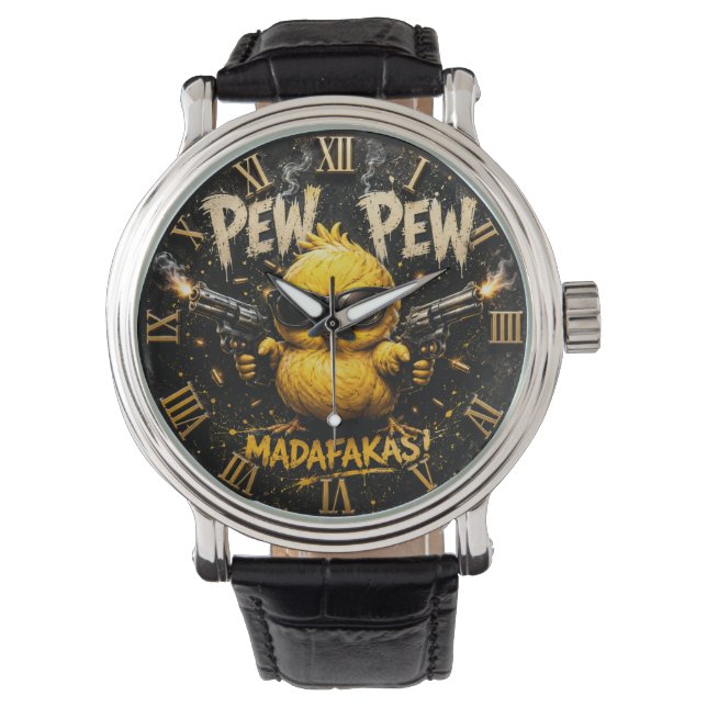 Pew Pew Funny Badass Chick Humor Armbanduhr (Vorderseite)