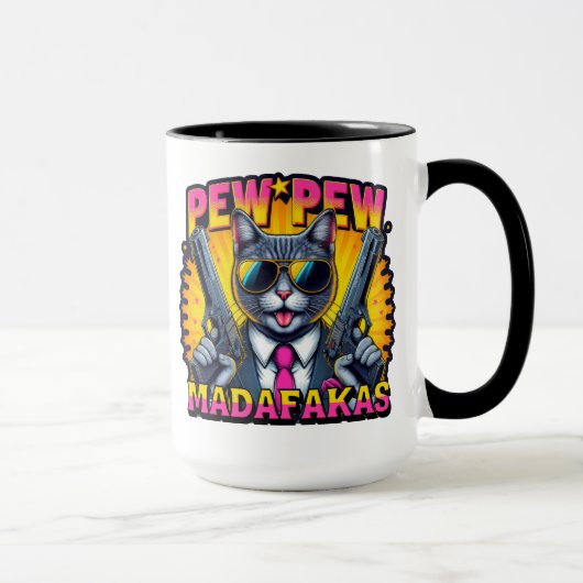 Pew Pew Madafakas Coole Katze mit Stil und Pistole Tasse (Rechts)