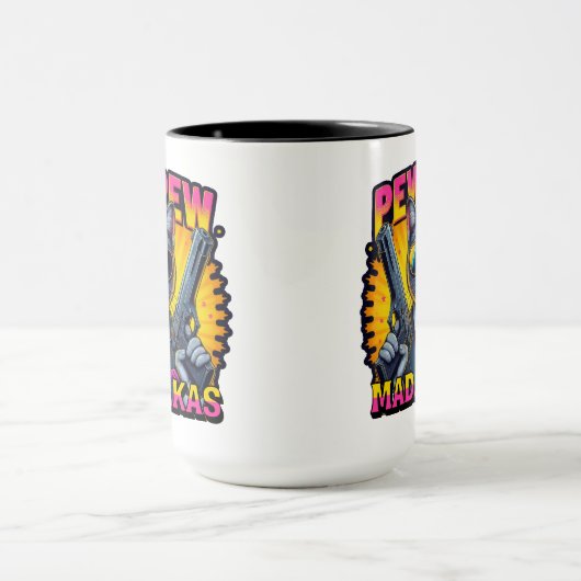 Pew Pew Madafakas Coole Katze mit Stil und Pistole Tasse (Zentrum)