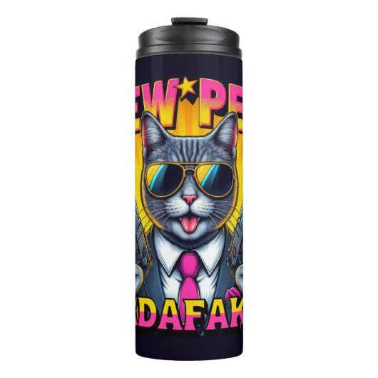 Pew Pew Madafakas Coole Katze mit Stil und Pistole Thermosbecher (Vorderseite)