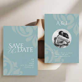 Pewter Blue Classic Damask Elegantes Foto Hochzeit Save The Date