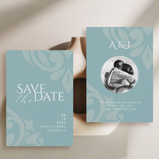 Pewter Blue Classic Damask Elegantes Foto Hochzeit Save The Date