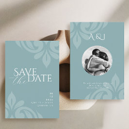 Pewter Blue Classic Script Damask Foto Hochzeit Save The Date
