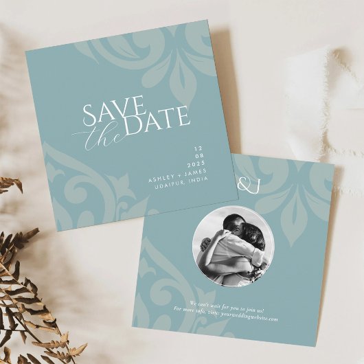Pewter Blue Damask Elegantes klassisches Foto Hoch Save The Date
