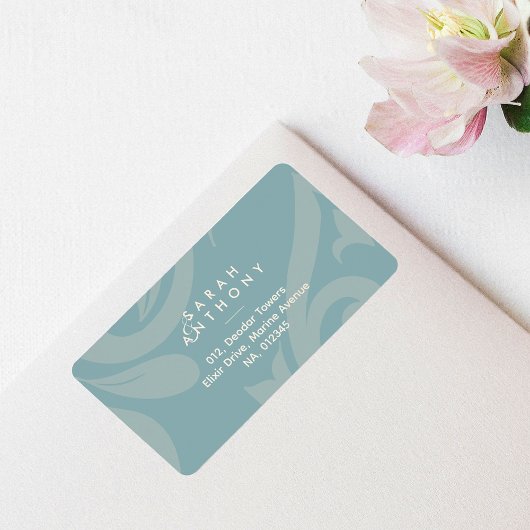 Pewter Blue Damask Retro Classic Wedding Adressaufkleber