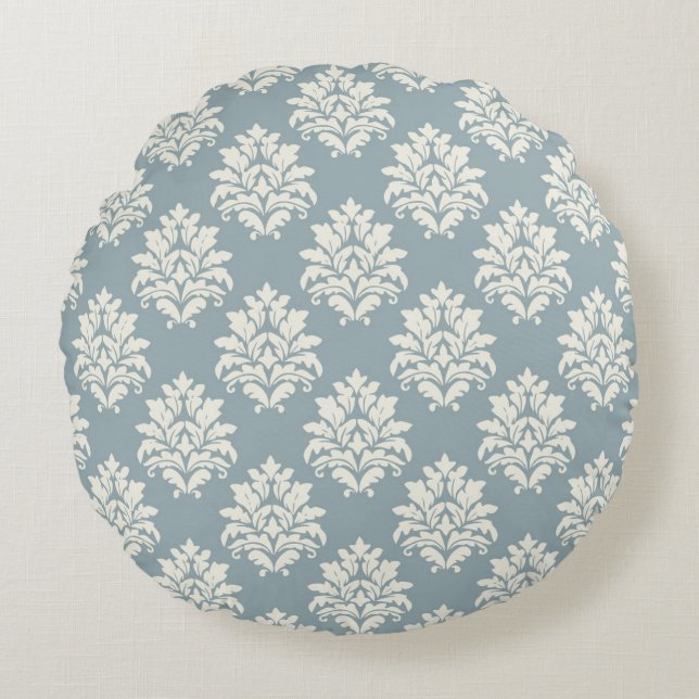 Pewter Blue und Alabaster Damask RoundThrow Kissen (Vorderseite)