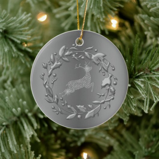 Pewter Rentier und Kraut Weihnachten Keramikornament (Baum)