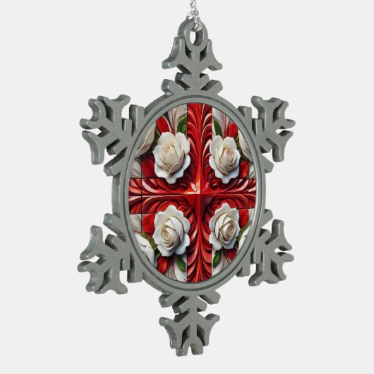 Pewter Snowflake Ornament mit englischen Rose (Links)