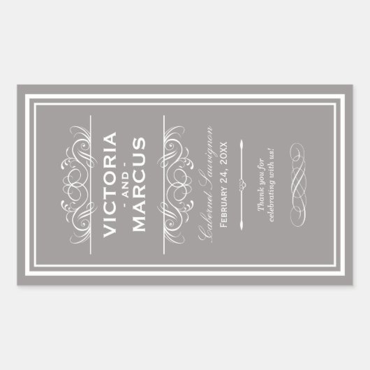 Pewter Wedding Wine Bottle Monogram Fevor Labels Rechteckiger Aufkleber (Vorderseite)