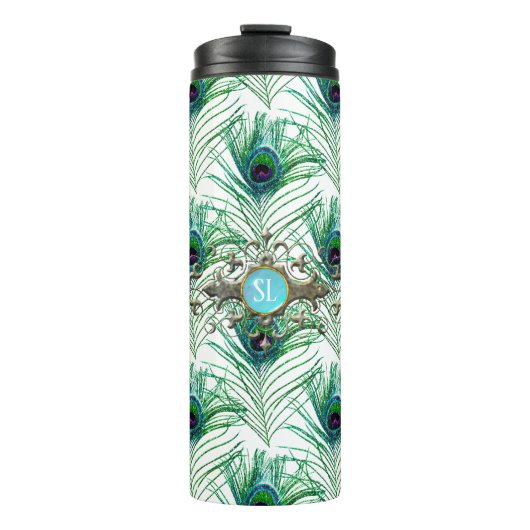 Pfacock Mit Monogramm Gemstone Thermosbecher (Vorderseite)