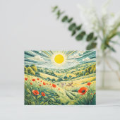 Pfad durch Mohnfeld mit fliegenden Sparrow Postkarte (Stehend Vorderseite)