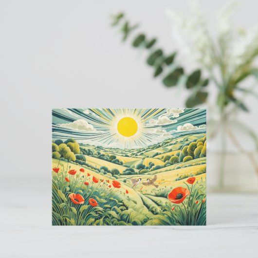 Pfad durch Mohnfeld mit fliegenden Sparrow Postkarte (Stehend Vorderseite)