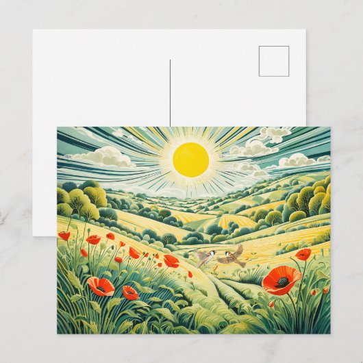 Pfad durch Mohnfeld mit fliegenden Sparrow Postkarte (Vorne/Hinten)