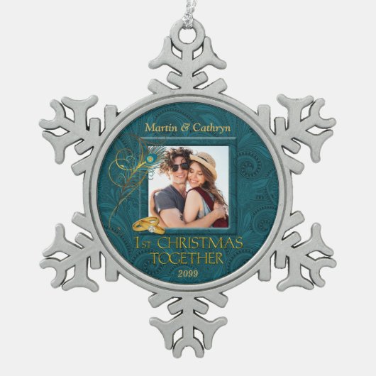 Pfau 1. Weihnachtsfest - Foto Schneeflocken Zinn-Ornament (Vorderseite)