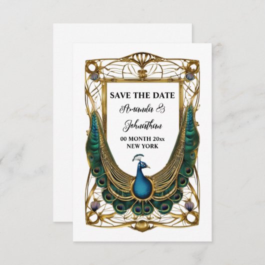 Pfau abstrakter Jugendstil-Rahmen dekoriert Save The Date (Vorne/Hinten)