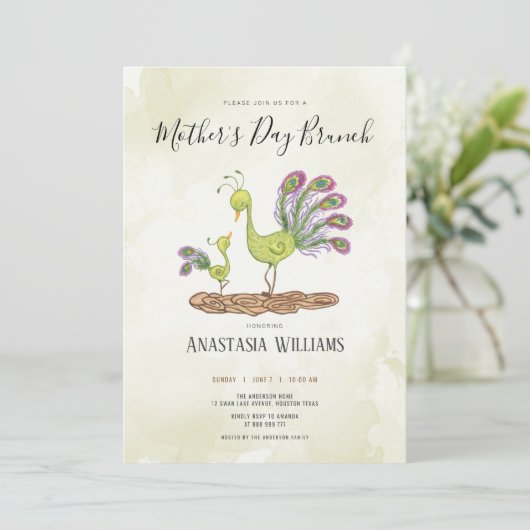 Pfau Aquarellmütter Einladung (Stehend Vorderseite)
