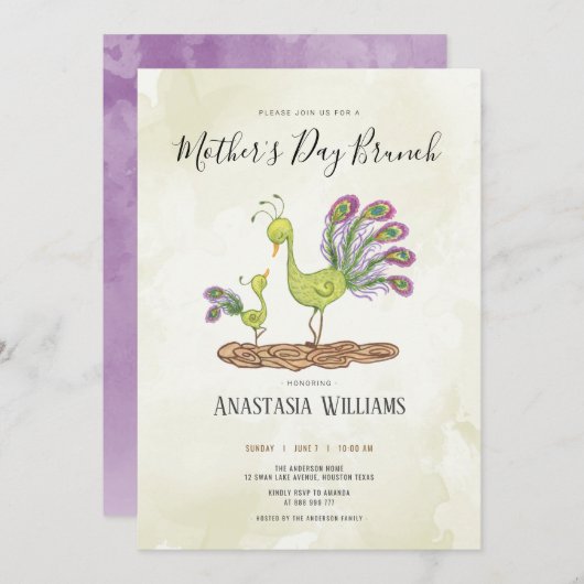 Pfau Aquarellmütter Einladung (Vorne/Hinten)