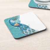 Pfau auf aquamariner Illustration Getränkeuntersetzer (Linke Seite)