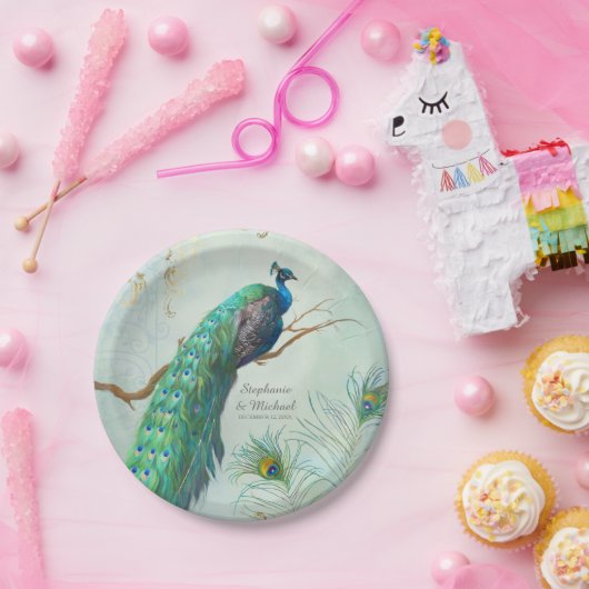 Pfau auf Baumzweig Elegante Lounge Lounge Aussehen Pappteller (Party)