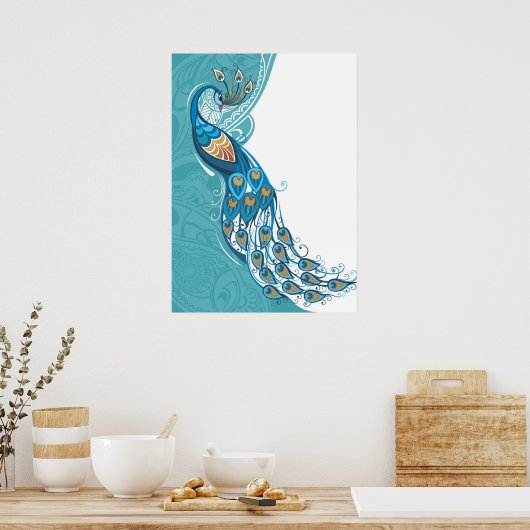 Pfau auf der Aquamarinen Illustration Poster (Küche)