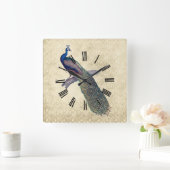 Pfau auf Elegant Ivory Damask Quadratische Wanduhr (Zuhause)