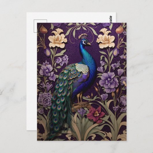 Pfau auf Lila William Morris Inspiriert Postkarte (Vorne/Hinten)