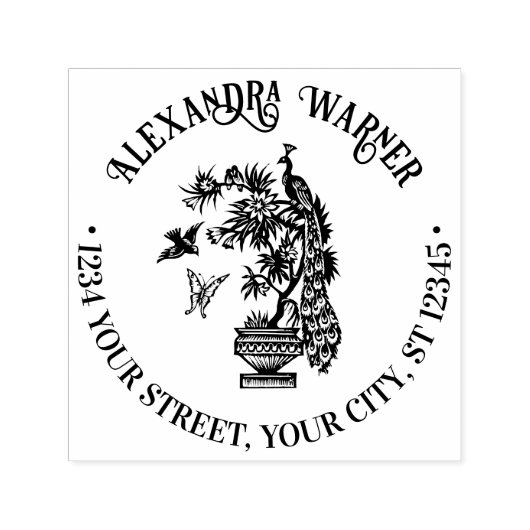 Pfau auf Pflanze Butterfly-Vogelname-Adresse Permastempel (Design)