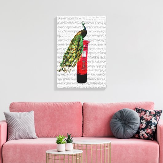 Pfau auf Postbox Leinwanddruck (Insitu (Wohnzimmer))