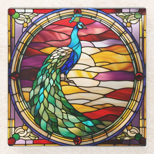 Pfau auf rosa glasuntersetzer (Vorderseite)