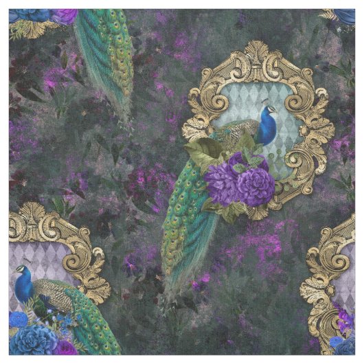Pfau, Blume und Goldrahmen Stoff (Muster)